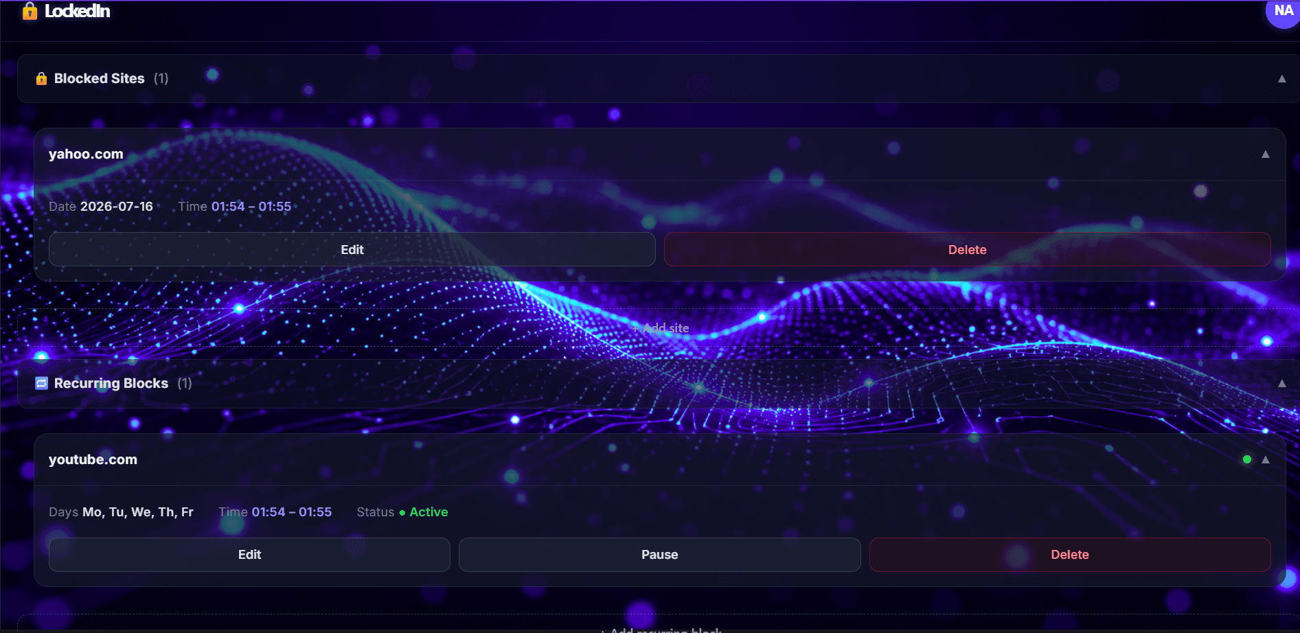 LockedIn focus-session dashboard with an active blocklist and streak